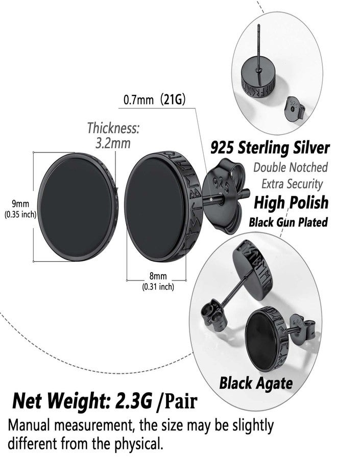 Silvora أقراط رجالية من الفضة الإسترليني عيار 925 من سيلفورا، مرصعة بأحجار العقيق الأسود، مزينة بنقوش رونية فايكنغ. - Image 4